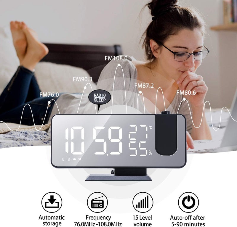 Mightree Projection Alarm Clock for Bedroom, Digital Alarm Clock with USB Charger, 7.4" Large LED Mirror Display Radio Alarm Clock, Dual Smart Alarm with Projection on Ceiling, Black - Image 3